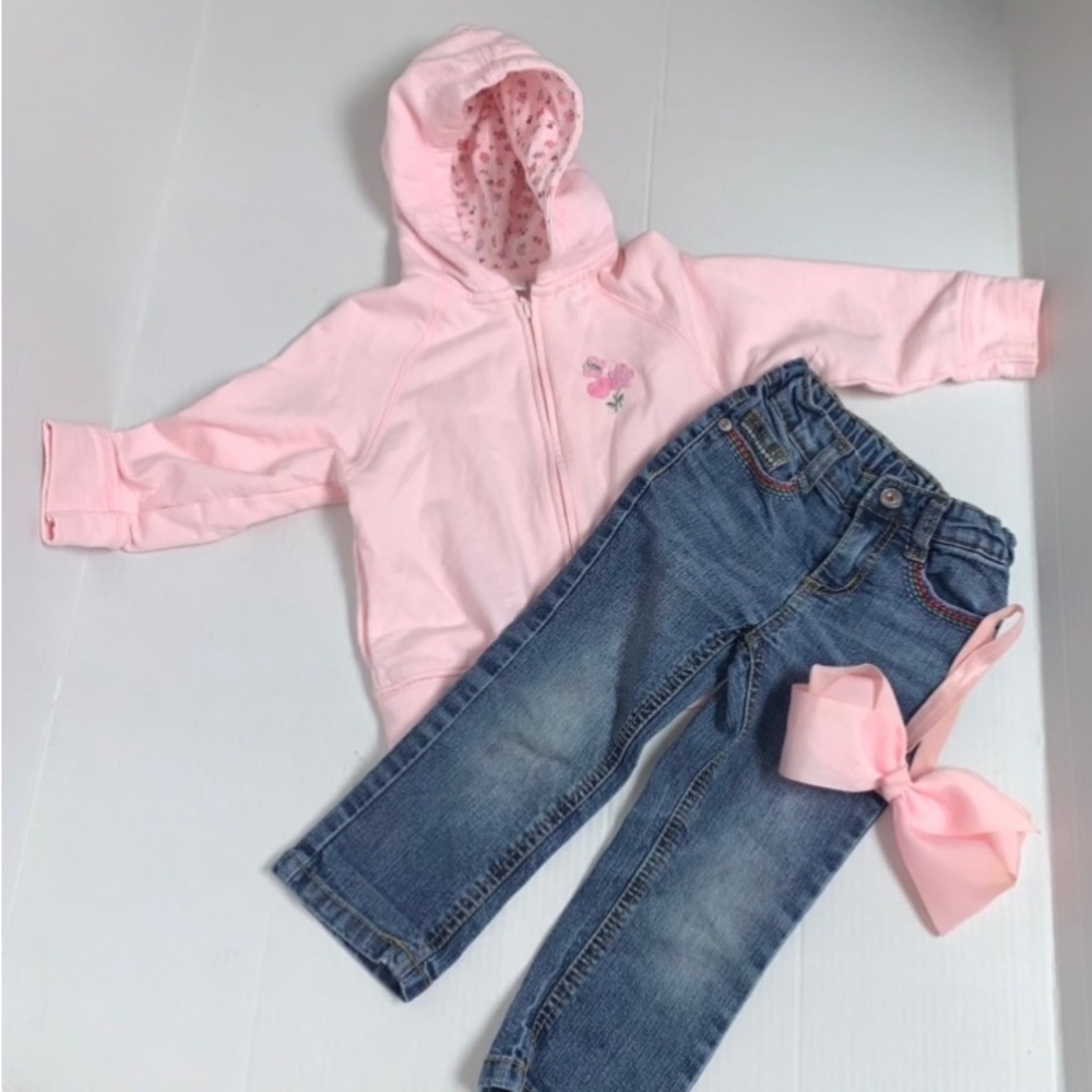 Lot of 3 Girl Size 24M/2T Butterfly Rainbow Pocket Jeans Pink Floral Jacket Bow